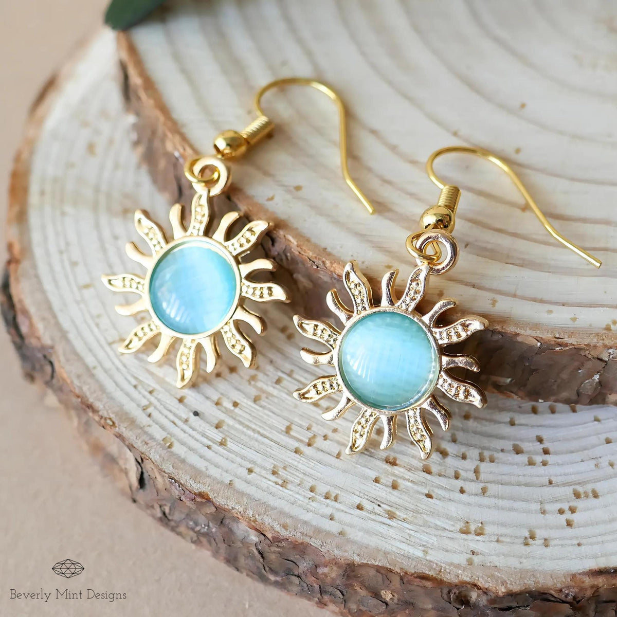 Sun Earrings, 18K Gold Boho Sun Earrings, Turquoise Blue Earrings, Bohemian Style Earrings, Sensitive Ear & Clip-On Options