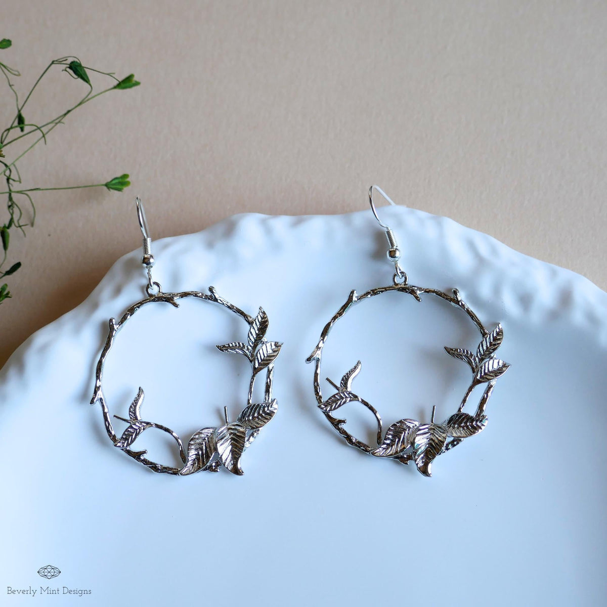 Silver Leaf Hoop Earrings, Nature Inspired Earrings, Botanical Branch Earrings, Handmade Jewelry for Her, Woodland Dangle Earrings