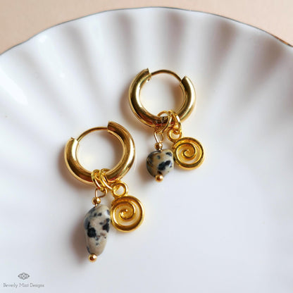 Dalmatian Jasper Earrings, Gold Spiral Charm Hoops, Zebra Rock Jewelry, Symbolic Boho Earrings, Dainty Gemstone