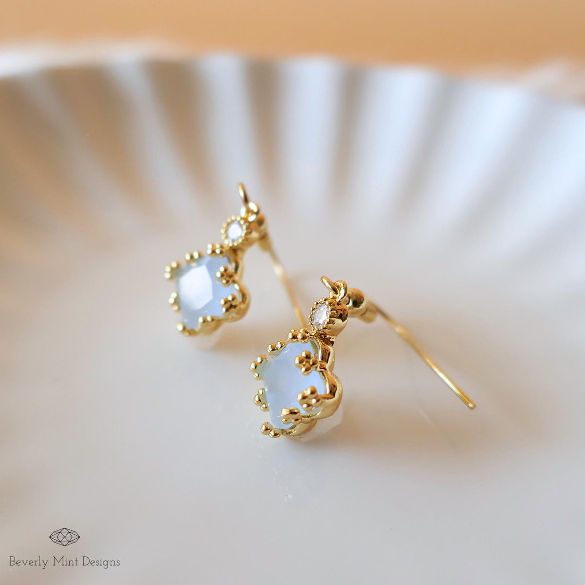 18K Gold Dainty Charm Earrings, Light Blue Earrings, Pale Blue Earrings, Drop and Dangle Earrings, Sensitive Ear & Clip-On Options
