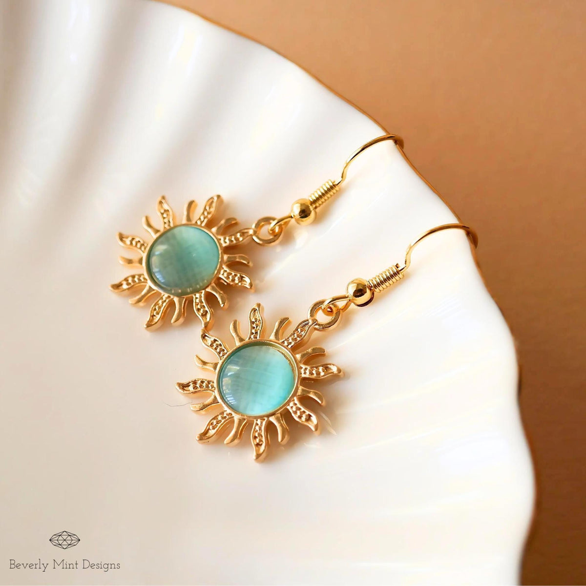 Sun Earrings, 18K Gold Boho Sun Earrings, Turquoise Blue Earrings, Bohemian Style Earrings, Sensitive Ear & Clip-On Options