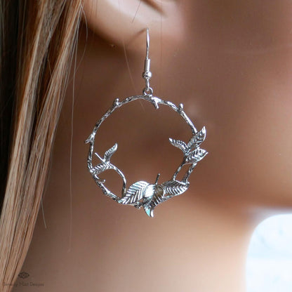 Silver Leaf Hoop Earrings, Nature Inspired Earrings, Botanical Branch Earrings, Handmade Jewelry for Her, Woodland Dangle Earrings