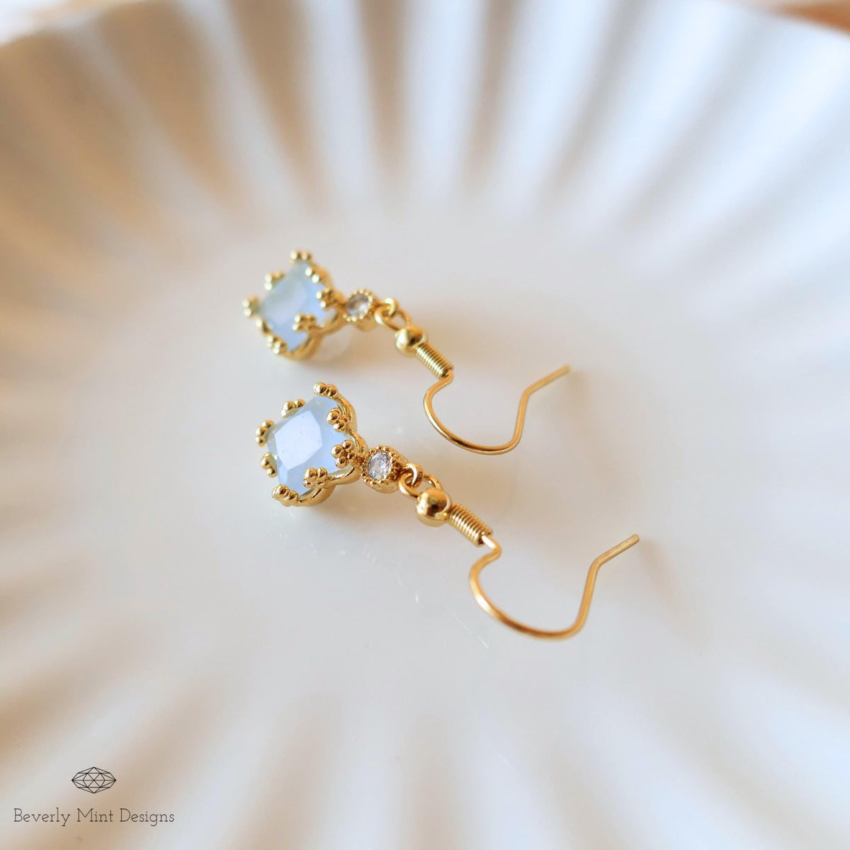 18K Gold Dainty Charm Earrings, Light Blue Earrings, Pale Blue Earrings, Drop and Dangle Earrings, Sensitive Ear & Clip-On Options