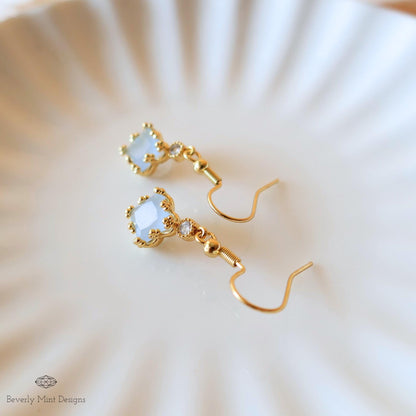 18K Gold Dainty Charm Earrings, Light Blue Earrings, Pale Blue Earrings, Drop and Dangle Earrings, Sensitive Ear & Clip-On Options