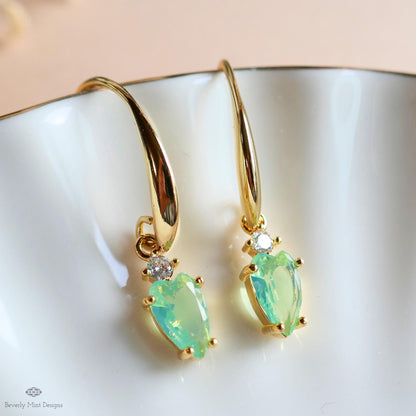 Light Green Heart Earrings, Gold Dangle Earrings, Minimalist Jewelry, Dainty Drop Earrings, Romantic, Sensitive Ear & Clip-On Options