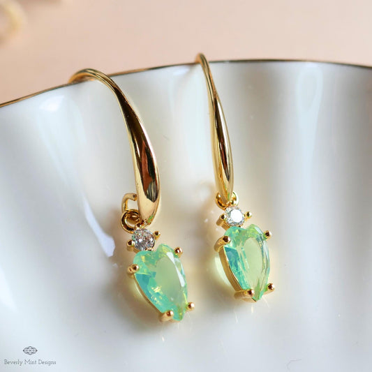 Light Green Heart Earrings, Gold Dangle Earrings, Minimalist Jewelry, Dainty Drop Earrings, Romantic, Sensitive Ear & Clip-On Options