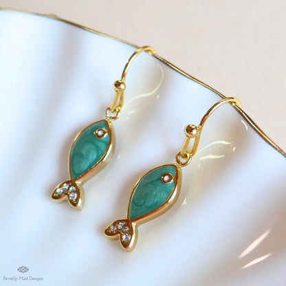 Green Fish Earrings, Cute Dangle Earrings, Enamel Fish Jewelry, Gold Drop Earrings, Kawaii Earrings, Sensitive Ear & Clip-On Options