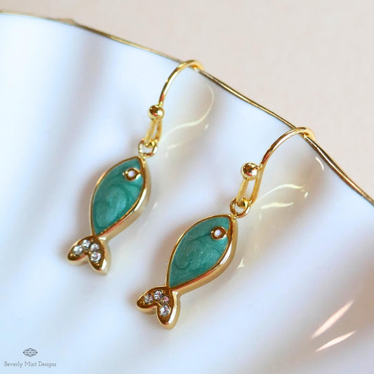 Green Fish Earrings, Cute Dangle Earrings, Enamel Fish Jewelry, Gold Drop Earrings, Kawaii Earrings, Sensitive Ear & Clip-On Options