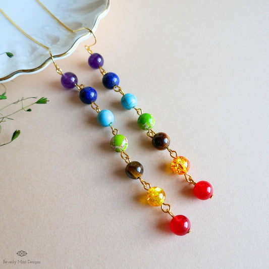 Chakra Earrings , Rainbow Threader Earrings, Seven Chakra Jewelry, Healing Crystal Earrings, Sensitive Ear & Clip-On Options