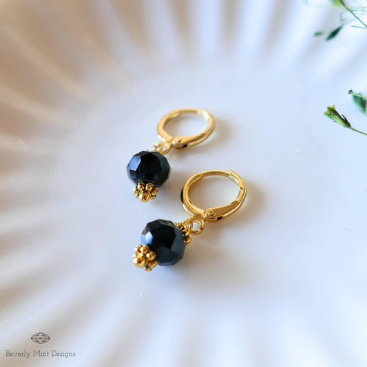 Black Bead Drop Earrings, Gold Huggie Hoop Earrings, Dainty Black Earrings, Minimalist Jewelry, Sensitive Ear & Clip-On Options