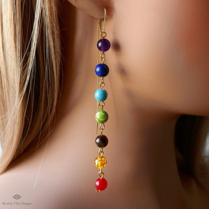 Chakra Earrings , Rainbow Threader Earrings, Seven Chakra Jewelry, Healing Crystal Earrings, Sensitive Ear & Clip-On Options