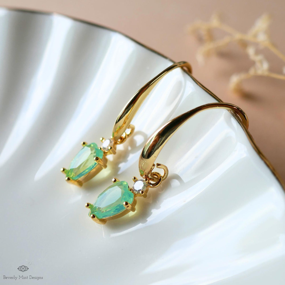 Light Green Heart Earrings, Gold Dangle Earrings, Minimalist Jewelry, Dainty Drop Earrings, Romantic, Sensitive Ear & Clip-On Options