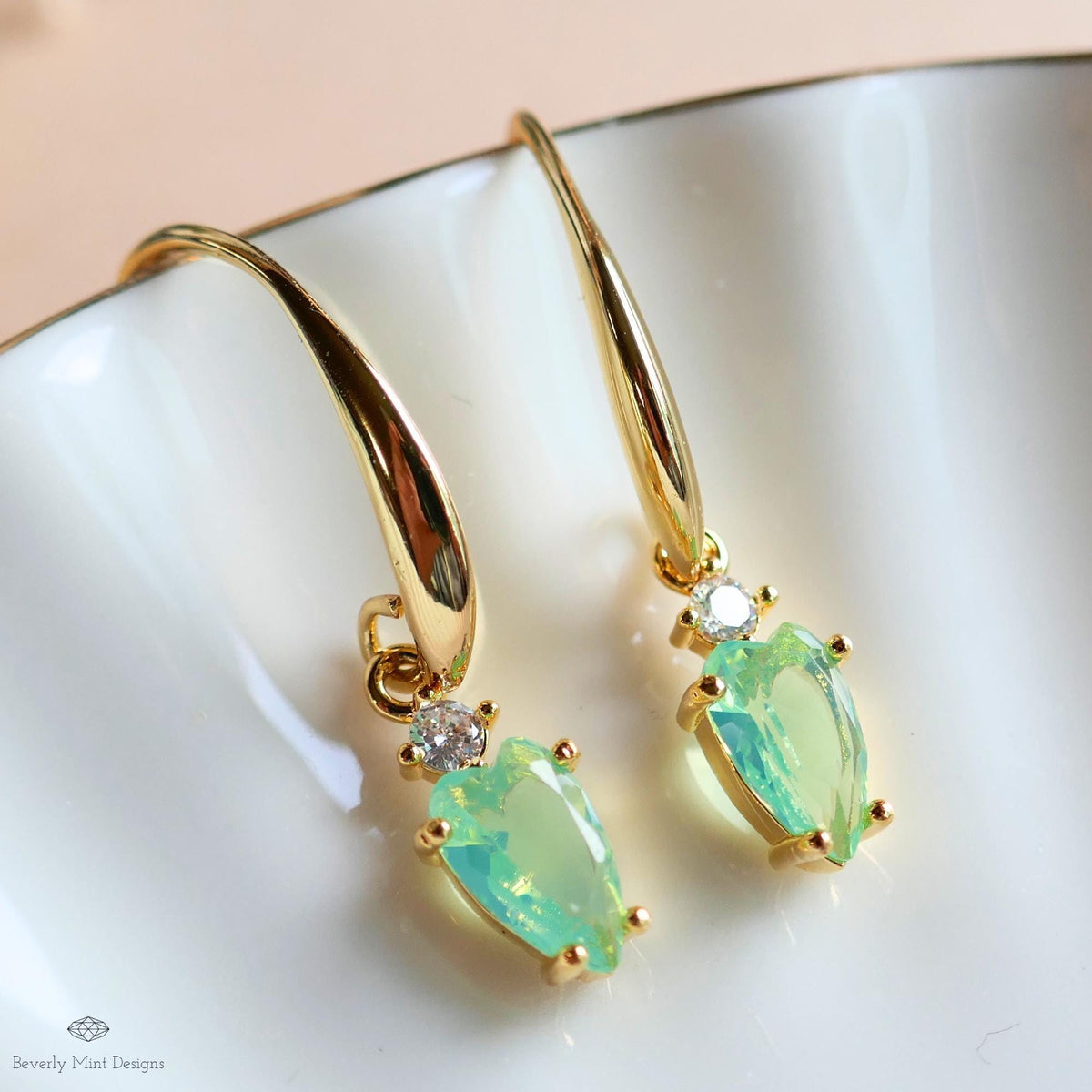 Light Green Heart Earrings, Gold Dangle Earrings, Minimalist Jewelry, Dainty Drop Earrings, Romantic, Sensitive Ear & Clip-On Options