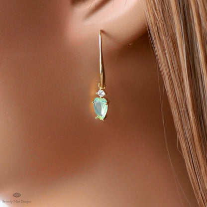 Light Green Heart Earrings, Gold Dangle Earrings, Minimalist Jewelry, Dainty Drop Earrings, Romantic, Sensitive Ear & Clip-On Options