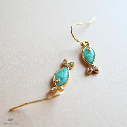 Green Fish Earrings, Cute Dangle Earrings, Enamel Fish Jewelry, Gold Drop Earrings, Kawaii Earrings, Sensitive Ear & Clip-On Options
