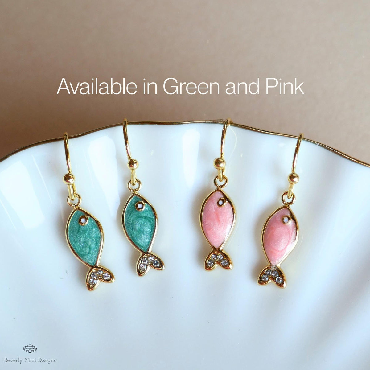 Green Fish Earrings, Cute Dangle Earrings, Enamel Fish Jewelry, Gold Drop Earrings, Kawaii Earrings, Sensitive Ear & Clip-On Options