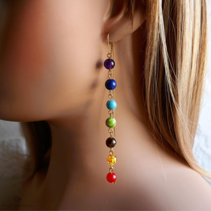 Chakra Earrings , Rainbow Threader Earrings, Seven Chakra Jewelry, Healing Crystal Earrings, Sensitive Ear & Clip-On Options
