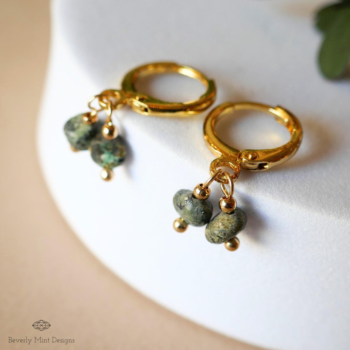 Gold Hoop Earrings with Turquoise, Minimalist Handmade Jewelry, Birthstone for December, Dangle Hoops, Sensitive Ear & Clip-On Options