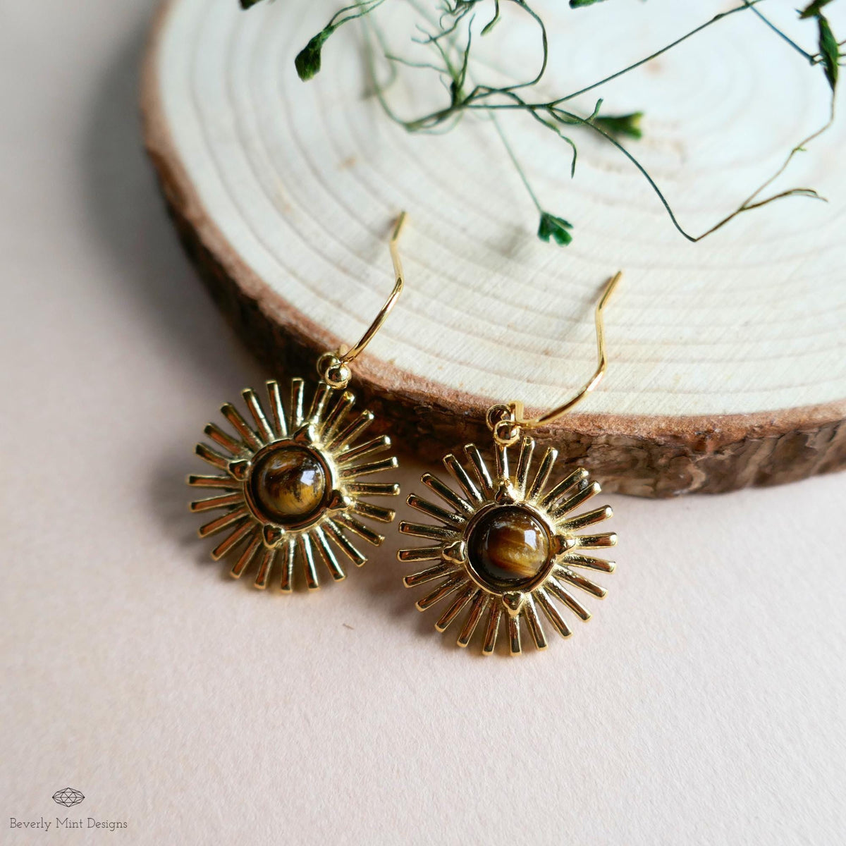 Sun Earrings, Tiger and #39;s Eye Sunburst Earrings , Gold Dangle Natural Stone Jewelry, Sensitive Ear & Clip-On Options