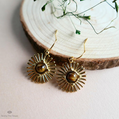 Sun Earrings, Tiger and #39;s Eye Sunburst Earrings , Gold Dangle Natural Stone Jewelry, Sensitive Ear & Clip-On Options