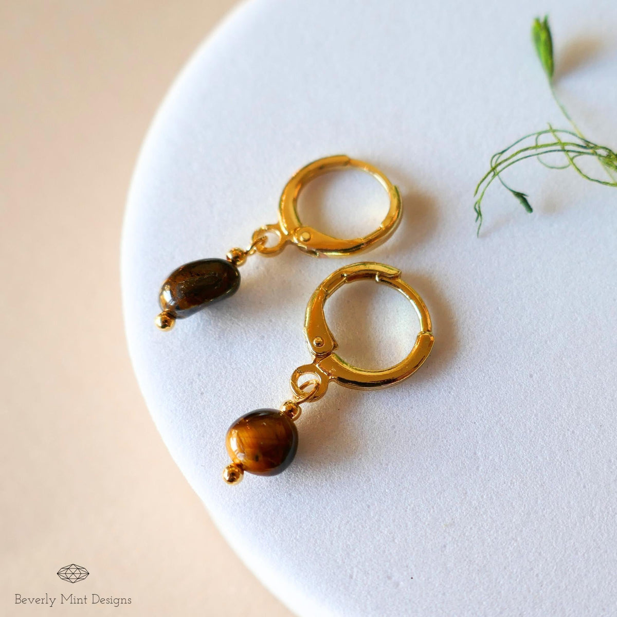 Tiger and #39;s Eye Gold Hoop Earrings , Minimalist Dangle Hoops for Women, Sensitive Ear & Clip-On Options