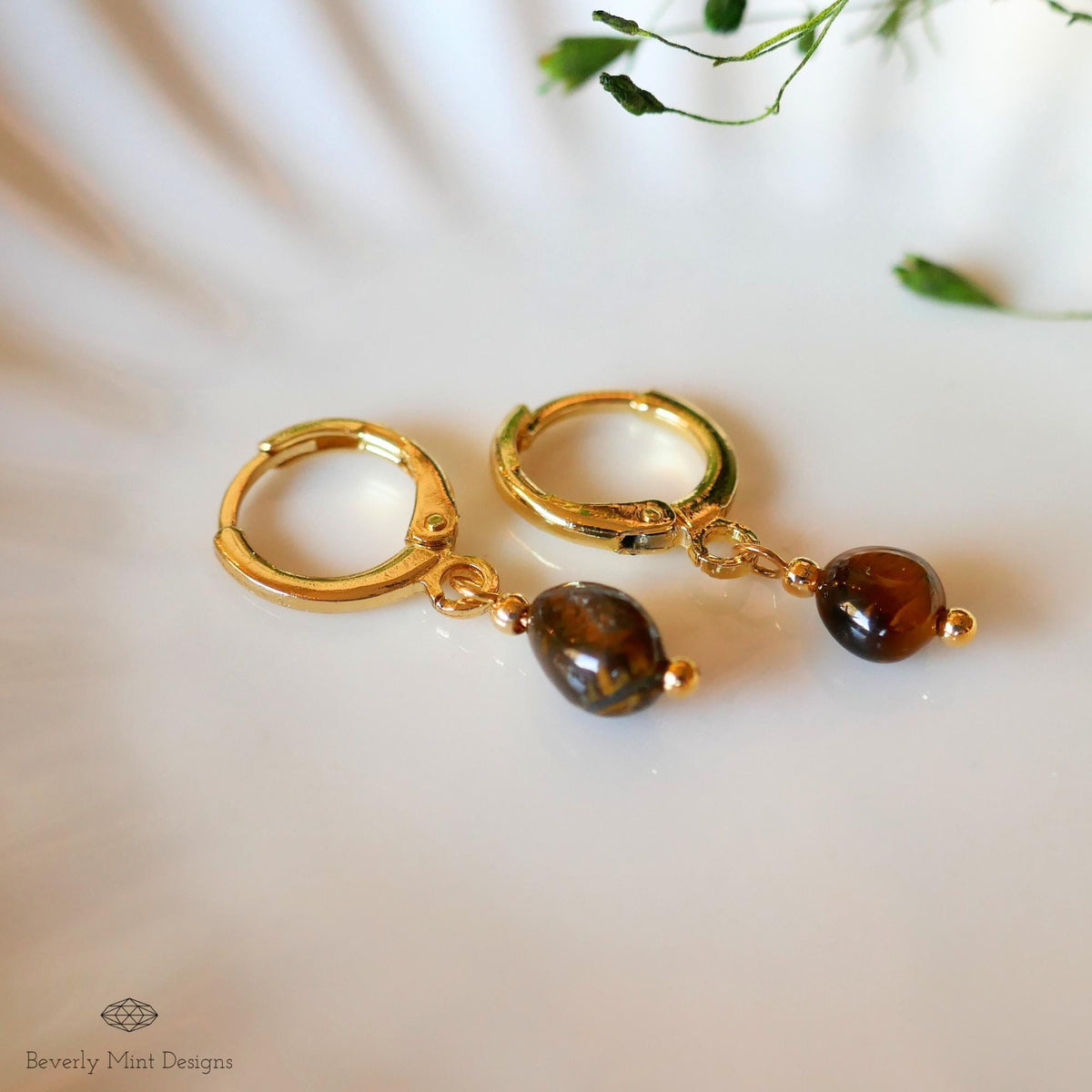 Tiger and #39;s Eye Gold Hoop Earrings , Minimalist Dangle Hoops for Women, Sensitive Ear & Clip-On Options
