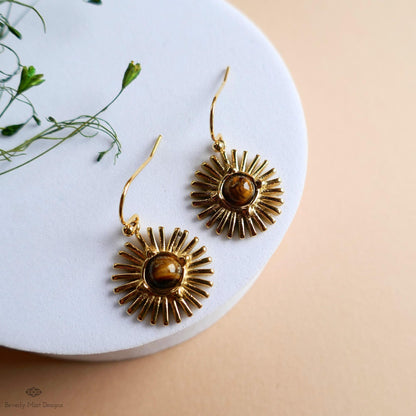 Sun Earrings, Tiger and #39;s Eye Sunburst Earrings , Gold Dangle Natural Stone Jewelry, Sensitive Ear & Clip-On Options