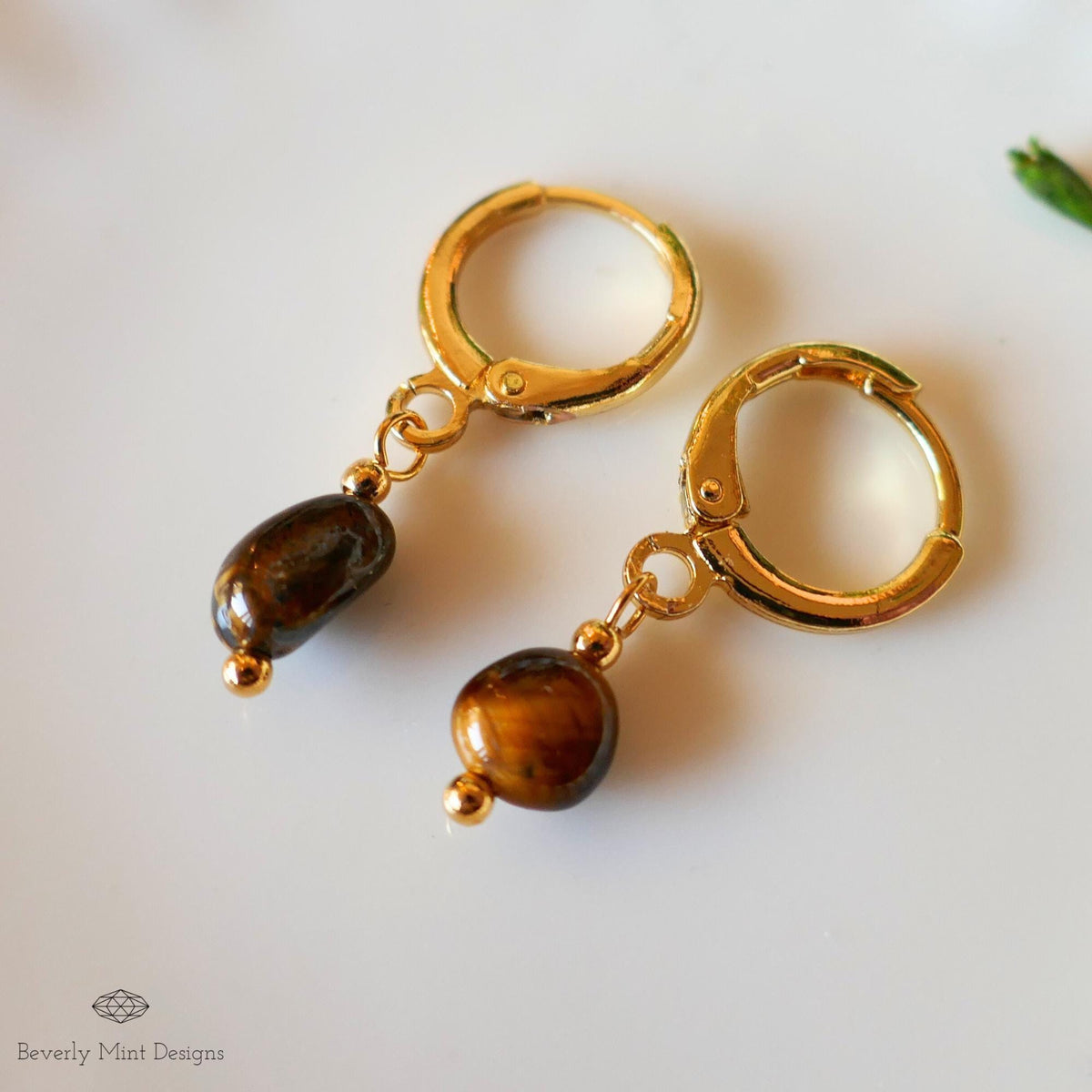 Tiger and #39;s Eye Gold Hoop Earrings , Minimalist Dangle Hoops for Women, Sensitive Ear & Clip-On Options
