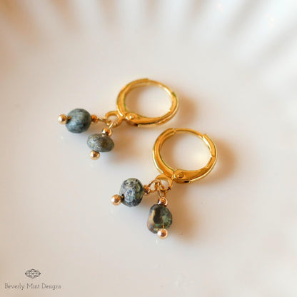 Gold Hoop Earrings with Turquoise, Minimalist Handmade Jewelry, Birthstone for December, Dangle Hoops, Sensitive Ear & Clip-On Options