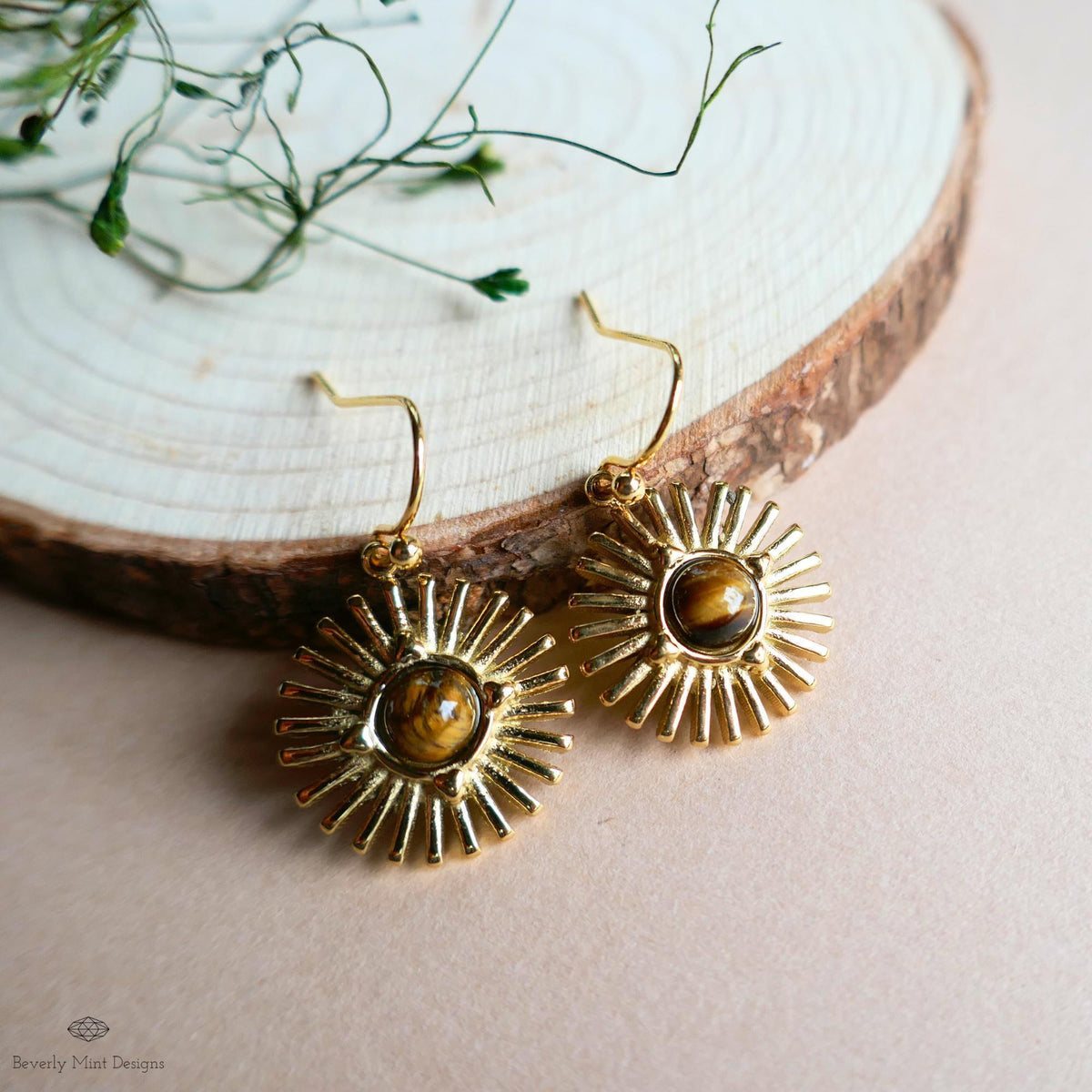 Sun Earrings, Tiger and #39;s Eye Sunburst Earrings , Gold Dangle Natural Stone Jewelry, Sensitive Ear & Clip-On Options