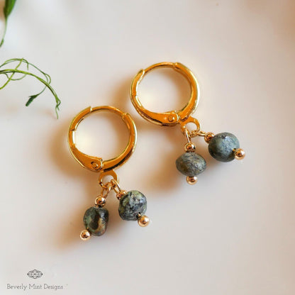 Gold Hoop Earrings with Turquoise, Minimalist Handmade Jewelry, Birthstone for December, Dangle Hoops, Sensitive Ear & Clip-On Options
