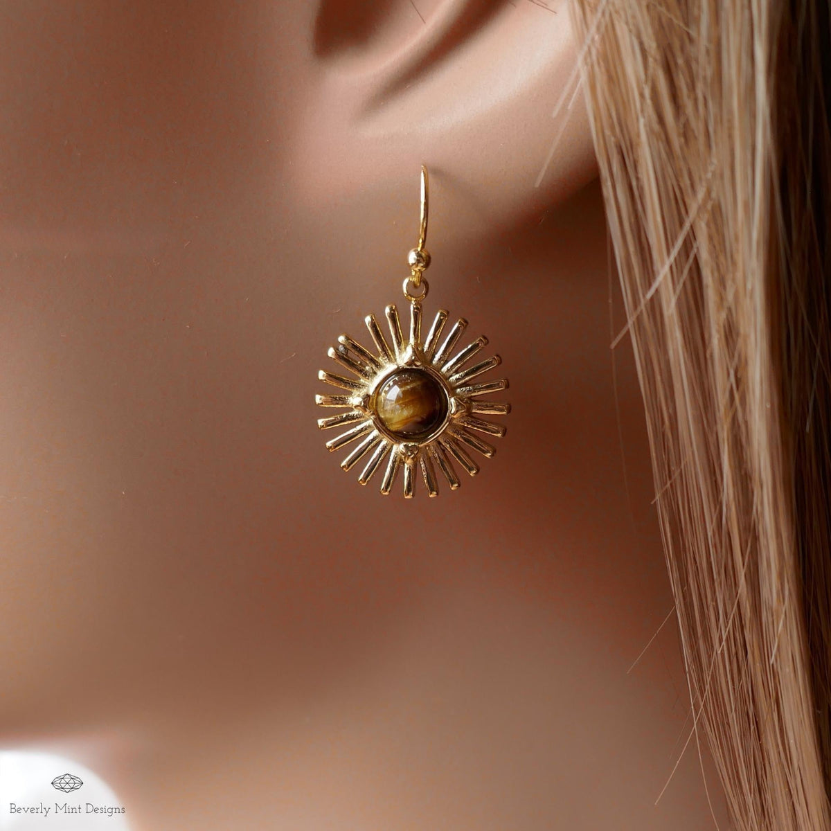 Sun Earrings, Tiger and #39;s Eye Sunburst Earrings , Gold Dangle Natural Stone Jewelry, Sensitive Ear & Clip-On Options