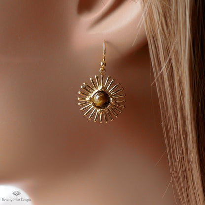 Sun Earrings, Tiger and #39;s Eye Sunburst Earrings , Gold Dangle Natural Stone Jewelry, Sensitive Ear & Clip-On Options