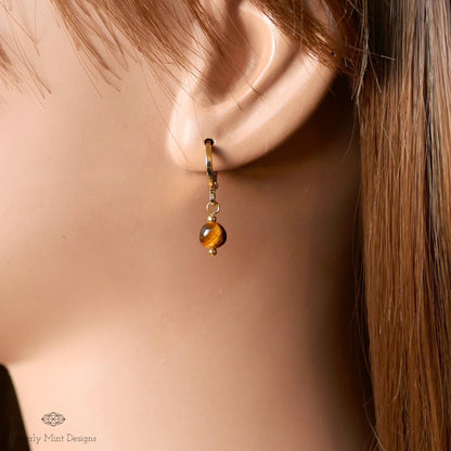 Tiger and #39;s Eye Gold Hoop Earrings , Minimalist Dangle Hoops for Women, Sensitive Ear & Clip-On Options