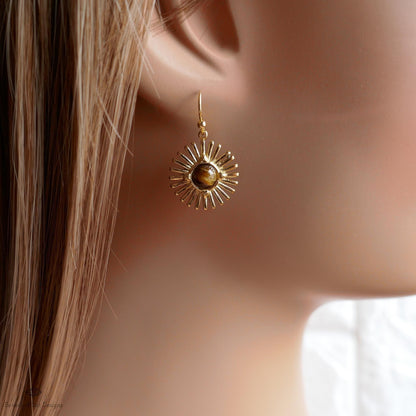 Sun Earrings, Tiger and #39;s Eye Sunburst Earrings , Gold Dangle Natural Stone Jewelry, Sensitive Ear & Clip-On Options