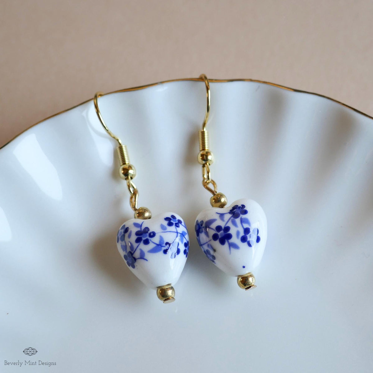 Blue and White Ceramic Drop Earrings, Floral Bead Earrings, Gold Dangle Earrings, Chinoiserie Style Jewelry, Sensitive Ear & Clip-On Options