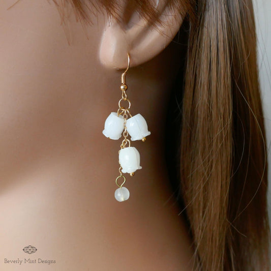 White Lily Of The Valley Flower Earrings, Floral Dangle and Drop Earrings, Birth Flower for May, Sensitive Ear & Clip-On Options