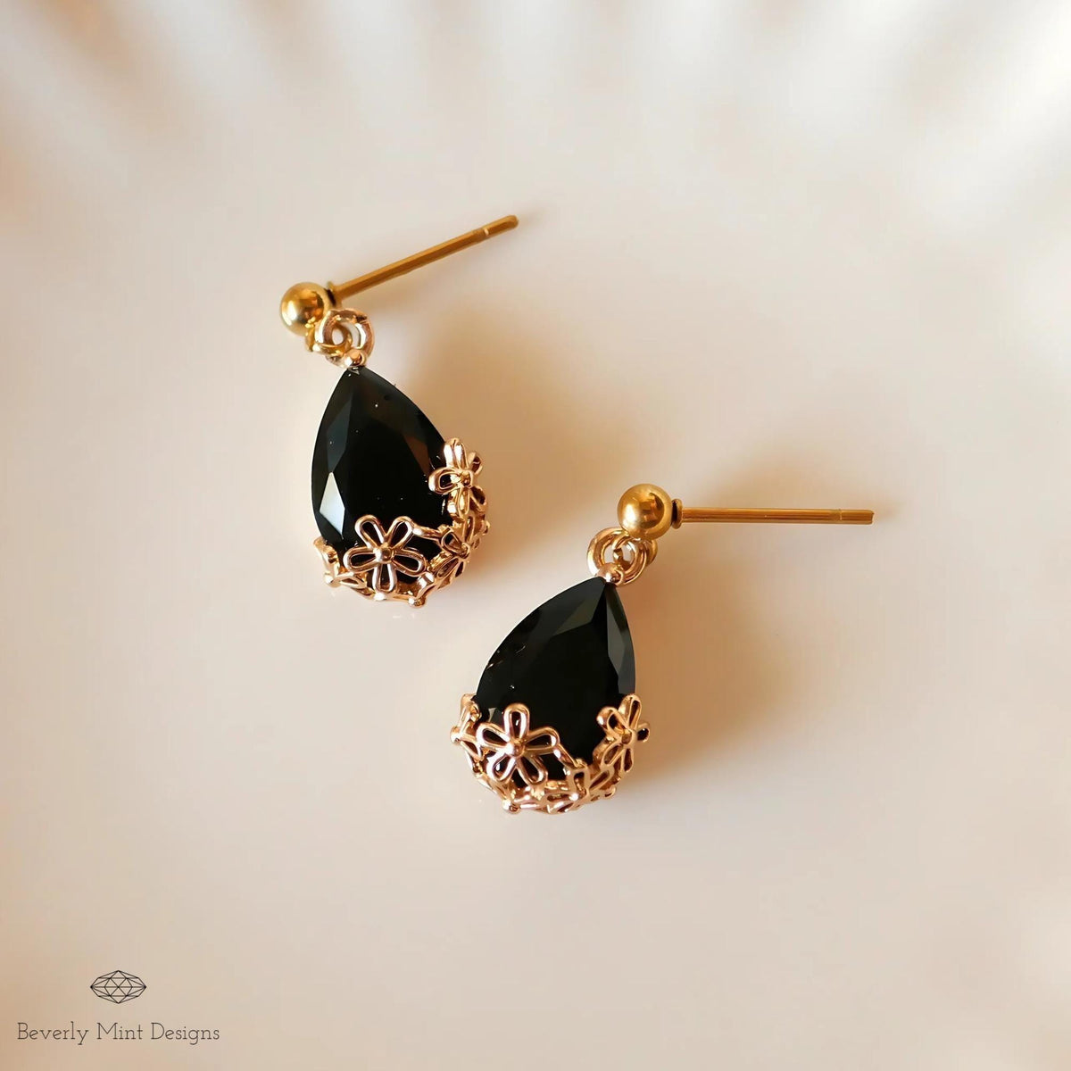 Gold Black Teardrop Earrings, Floral Crystal Dangle Jewelry, Elegant Minimalist Design