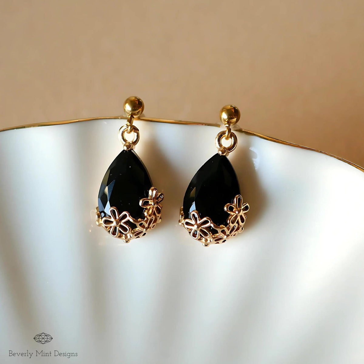 Gold Black Teardrop Earrings, Floral Crystal Dangle Jewelry, Elegant Minimalist Design