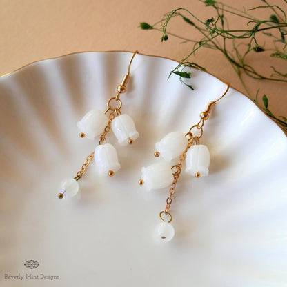White Lily Of The Valley Flower Earrings, Floral Dangle and Drop Earrings, Birth Flower for May, Sensitive Ear & Clip-On Options