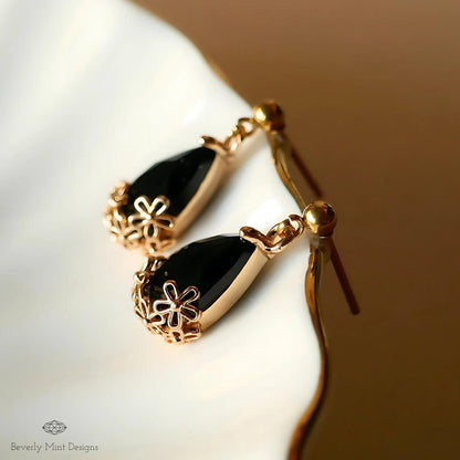 Gold Black Teardrop Earrings, Floral Crystal Dangle Jewelry, Elegant Minimalist Design