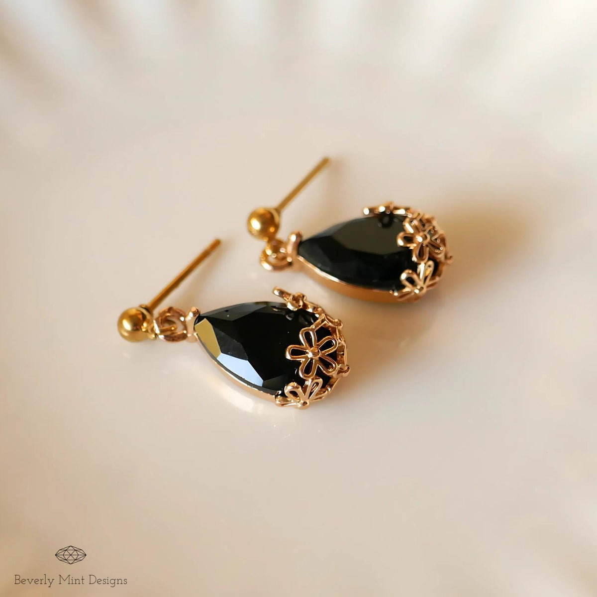 Gold Black Teardrop Earrings, Floral Crystal Dangle Jewelry, Elegant Minimalist Design