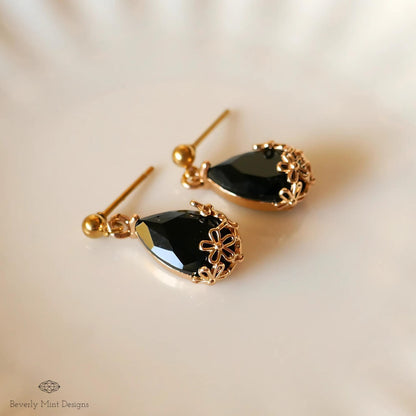 Gold Black Teardrop Earrings, Floral Crystal Dangle Jewelry, Elegant Minimalist Design