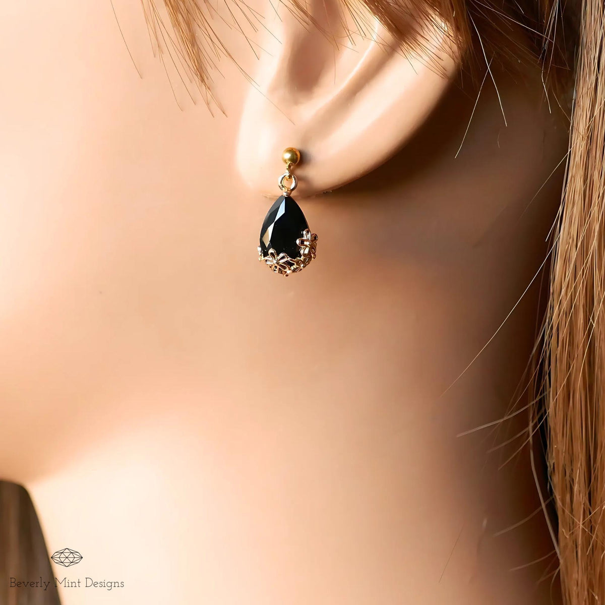 Gold Black Teardrop Earrings, Floral Crystal Dangle Jewelry, Elegant Minimalist Design