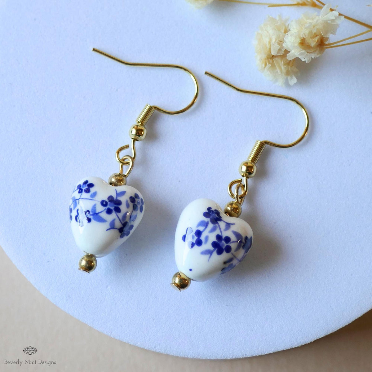 Blue and White Ceramic Drop Earrings, Floral Bead Earrings, Gold Dangle Earrings, Chinoiserie Style Jewelry, Sensitive Ear & Clip-On Options