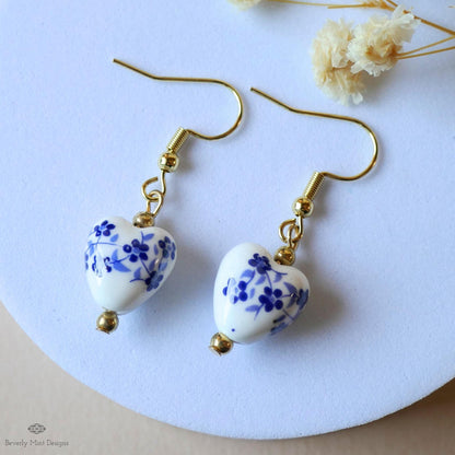 Blue and White Ceramic Drop Earrings, Floral Bead Earrings, Gold Dangle Earrings, Chinoiserie Style Jewelry, Sensitive Ear & Clip-On Options