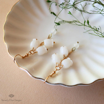 White Lily Of The Valley Flower Earrings, Floral Dangle and Drop Earrings, Birth Flower for May, Sensitive Ear & Clip-On Options