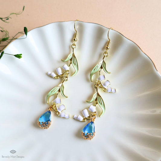 Lily of the Valley Earrings Gold Drop Earrings with Teardrop ,Botanical Bridal Jewelry Nature Inspired, Sensitive Ear & Clip-On Options