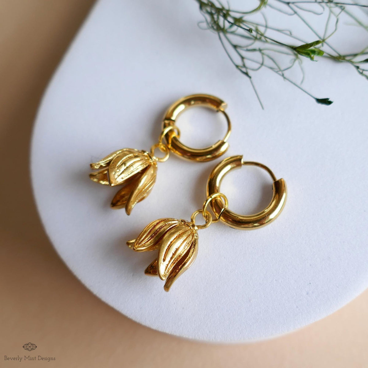 Gold Flower Drop Hoop Earrings Tulip Inspired Lightweight Elegant Dangle Earrings Minimalist Jewelry