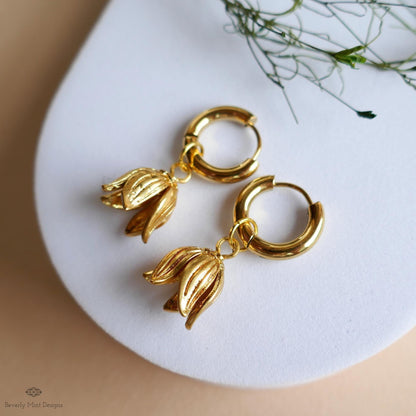 Gold Flower Drop Hoop Earrings Tulip Inspired Lightweight Elegant Dangle Earrings Minimalist Jewelry